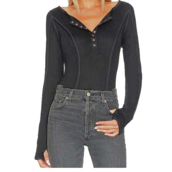 Free People Tops - Free People SLOANE Bodysuit Black Top Long Sleeve Henley NEW!